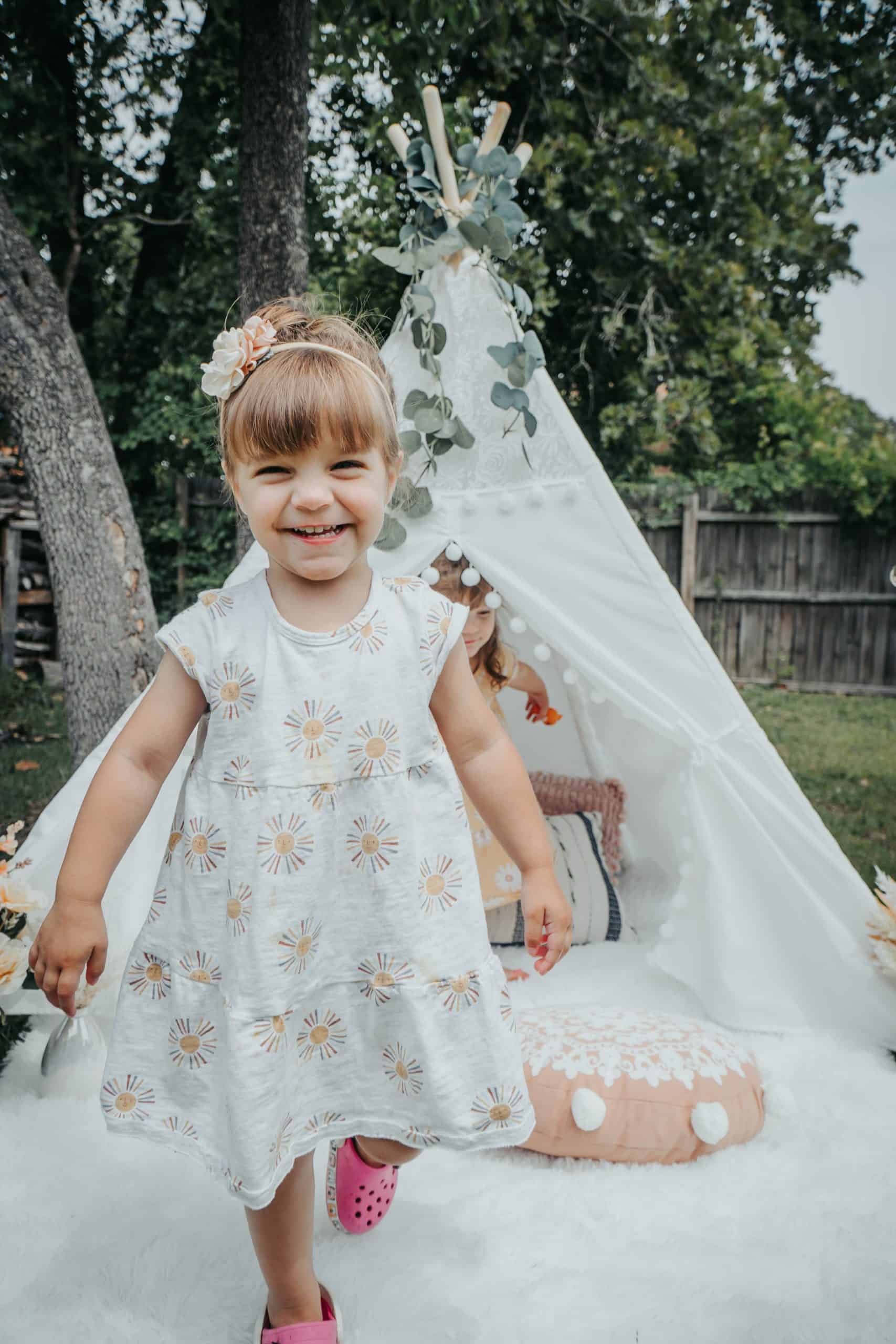 Children Portrait Boho Tent Girl Laughing Daisy Dress - Spring Lake, NC